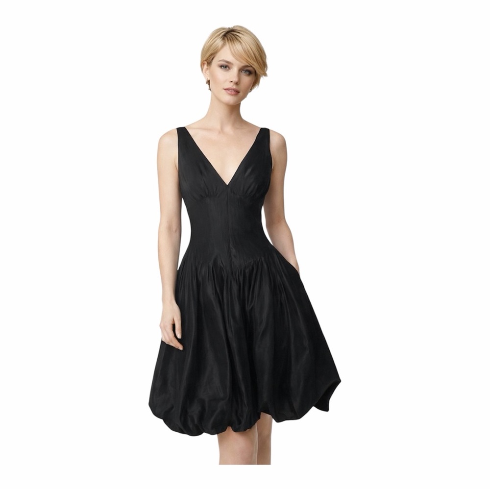 Vintage Teri Jon Rickie Freeman Black Silk Bubble Hem Cocktail Dress V-Neck , 6